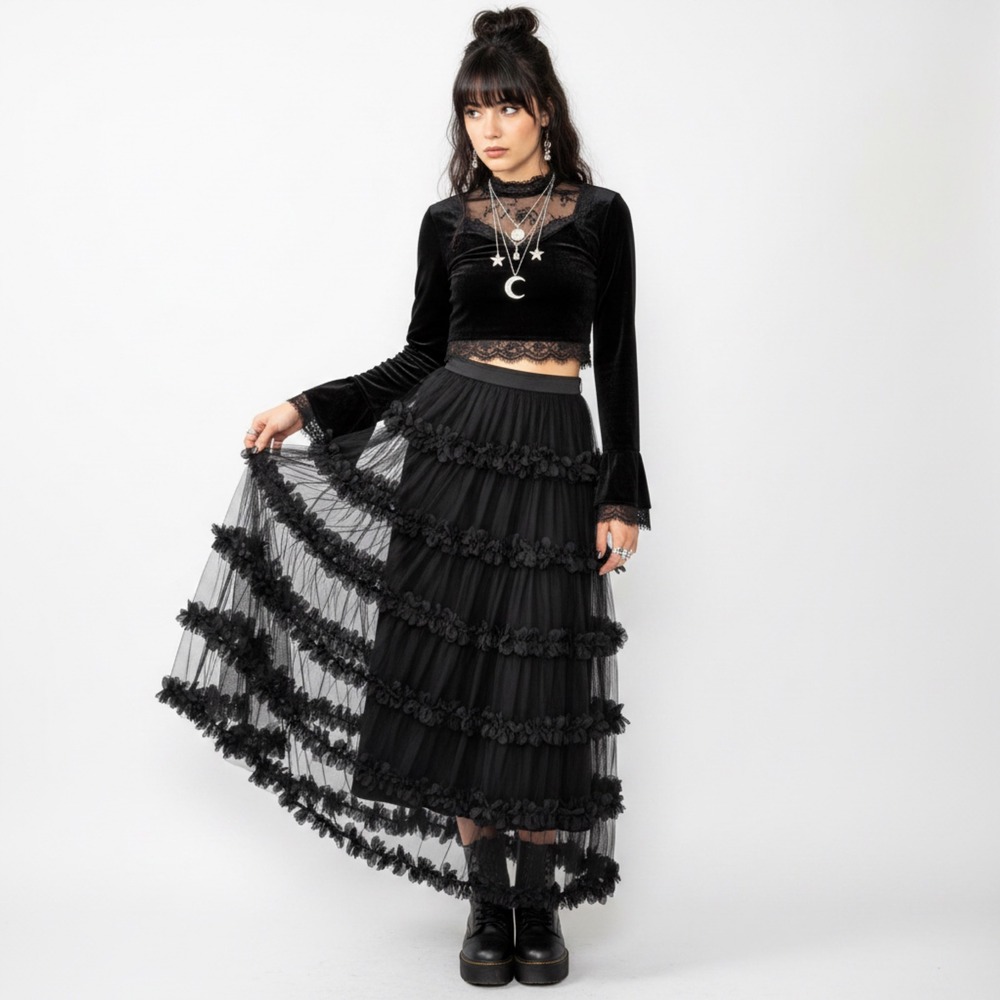 Faeriesty Whimsigoth Dark Fairy Black Tulle Tiered Maxi Skirt 3D Floral Sz L - Picture 7 of 10